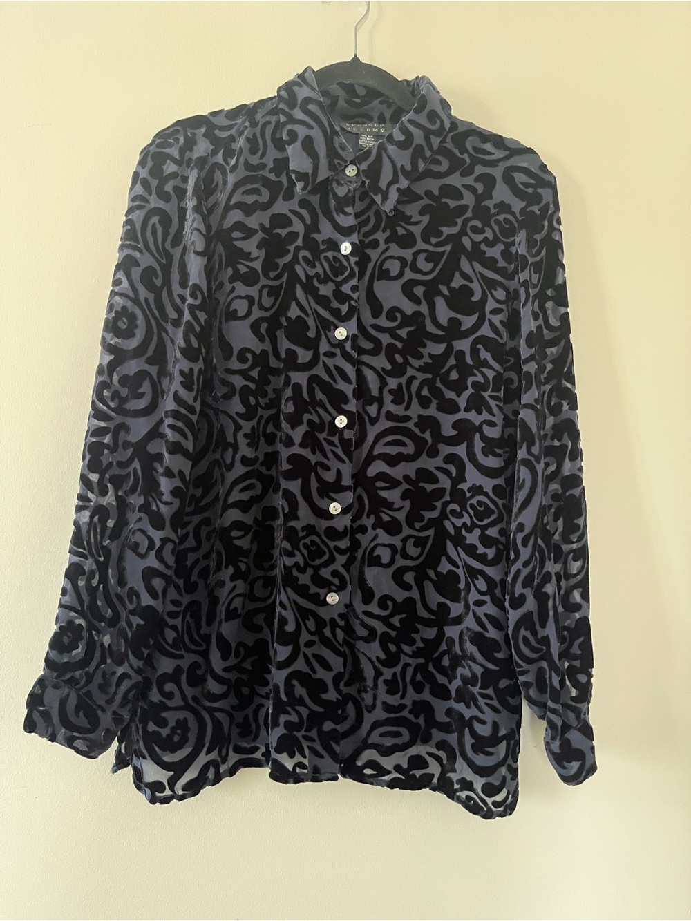 Silk Blend Velvet Burnout Button Up Blouse Large Evening Office Romantic Holiday